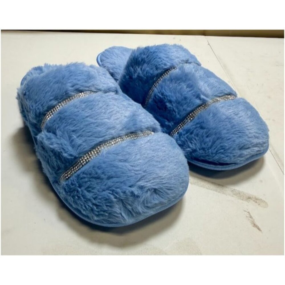 Rhinestone Faux Fur Slippers Blue Plush Indoor Shoes Size XL 11-12